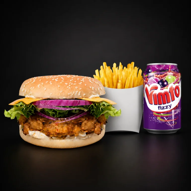 Meal deal: burger, chips and a Vimto drink